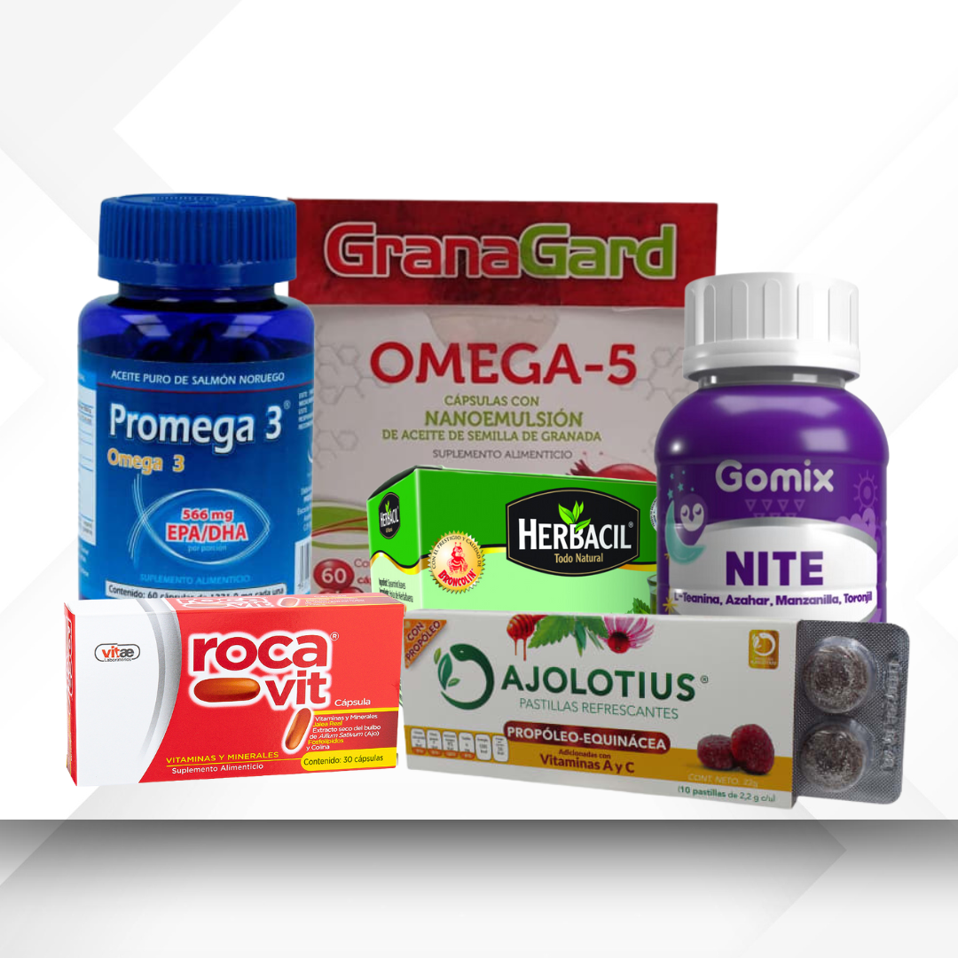 Imagen de suplementos alimenticios, diseñados para apoyar la salud y el bienestar general.